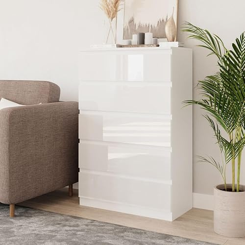 URBNLIVING High Gloss Bedside Chest of Drawers - 109cm Tall 5 Drawer Bedroom Storage Cabinet with Smooth Metal Runner - Modern Dresser Bedside Table for Bedroom Living Room Office Hallway