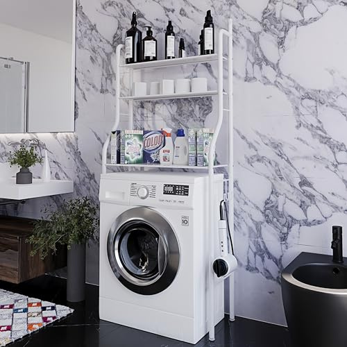 Scaffale Bagno 3 Mensole Ripiano Superiore Mobile Sopra Lavatrice Lavanderia Salvaspazio Ripiani Per Appoggio Organizer Da Parete Per Detersivi Sapone Bagno In Metallo 152 x 65 x 25 Cm Bianco