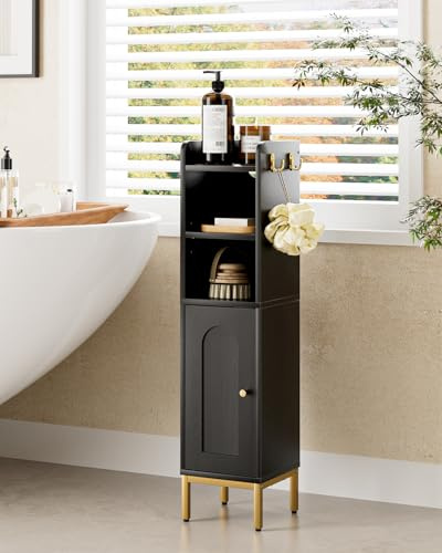 HEYZOEY Armoire de salle de bain, meuble de sol autoportant, armoire de rangement haute avec porte, rangement fin pour salle de bain, cuisine, salon, chambre, balcon ou bureau, noir