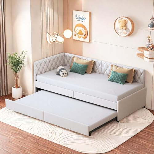 VixorLuilith Polsterbett Tagesbett 90x200 cm mit Ausziehbett, Einzelbett Kinderbett Schlafsofa Daybed Bettgestell mit Lattenrost, Bettsofa Jugendbett Gästebett, Ohne Matratze, Samt (Beige)
