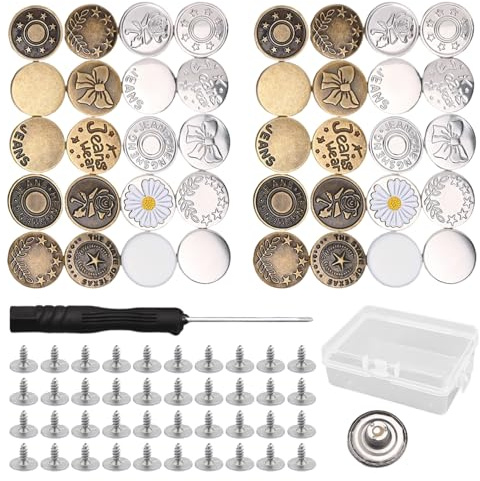 OAOSDH 40 Morceaux De Boutons Métalliques Ronds, Amovible sans Couture, Boutons De Remplacement en Jeans, Tour De Taille Réglable, Accessoires De Fixation De Couture De Bricolage.
