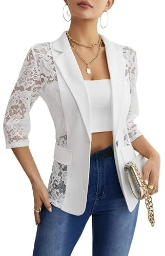 KIJSKKOPO Cardigan Femme Chic Et Elegant,Blazer Léger À Manches Courtes pour Femme, Cardigan en Dentelle Florale Transparente Blanche, Revers Crantés, Veste De Costume Tunique À Un Bouton, Mante