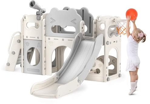 Thickened & Widened Kids Slide,170cm extra-long slideway,Toddler Slide Freestanding with Basketball Hoop, Baby Slide Playground Equipment,Kids Slides Outdoor for age 1-3 year (Gray 7-in-1)