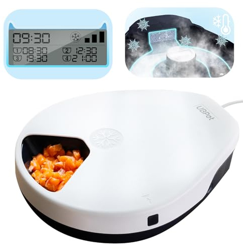 Automatic Cat Feeder Wet Food with Cooling, Semiconductor Refrigeration Technology, Timing Function, Cat Feeder, 5 Food Compartments for 330 g Pet Food, Premium Plates, Washable, for Cats + Dogs