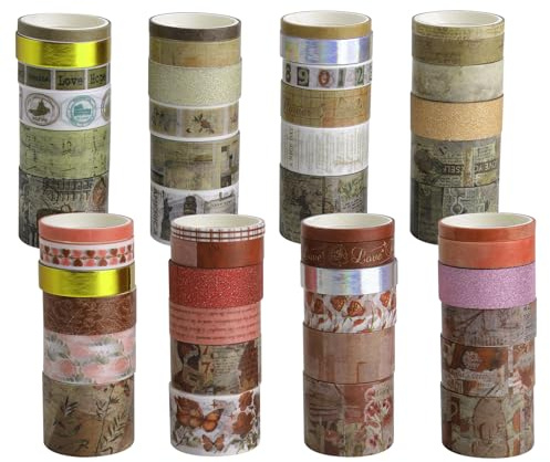 GZRXIOUS Set di 48 Rotoli di Nastro Washi Vintage, Nastro Adesivo Decorativo Largo per Lavori Manuali In Carta, Artigianato Fai Da Te, Journaling, Scrapbooking, Junk Journal