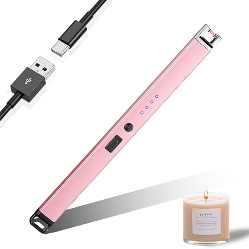 JIEYUCHU Accendino Elettrico, USB Accendino Ricaricabile con Serratura di Sicurezza, Antivento Senza Fiamma, Accendino Lungo per Candele, Campeggio, Stufe, Barbecue (B-Rosa)