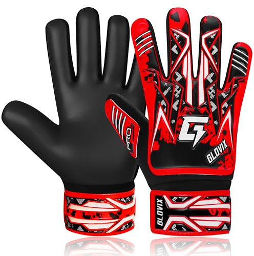 GLOVIX Kids Goalkeeper Gloves for Boys & Girls–Junior Football Goalie Gloves with Super Grip Latex Palm, Breathable Mesh & Secure Wrist Strap–Youth Soccer Gloves for Training & Matches (Red, 5)