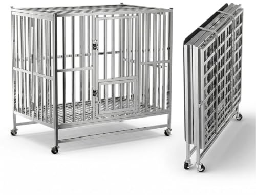 Jaula Grande Plegable para Perros de Acero Inoxidable 108 x 70 x 90 cm con Ruedas, Doble Puerta, 2 Bandejas Extraíbles y Cierre de Seguridad