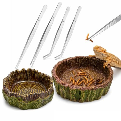 XONWW 2 Pieces Reptile Water Dish, PVC Tortoise Water Bowl Hermit Crab Food Feeder Bowl with 4 Reptile Feeding Tweezer Tong for Bearded Dragon Lizard Leopard Gecko