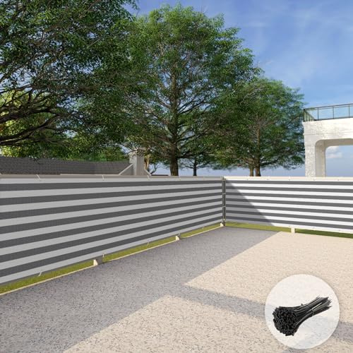 Patio 3' x 25' Balcony Privacy Screen Apartment Railing Covers Fence Panels for Outdoor, Temporary Fencing for Porch Deck Backyard Net Mesh with Zip Ties, Gray White Stripe