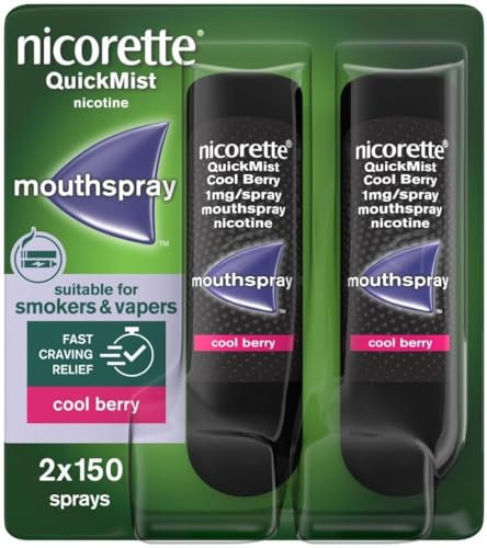 Nicorette QuickMist Mouthspray, Cool Berry (2 x 150 Sprays) Smoking or Vaping Cessation Aid, designed to start reducing cravings in 30 seconds (Quit Smoking or Quit Vaping Aid)