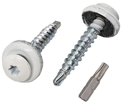 Confezione da 60 viti Torx per coperture metalliche, 4,8 x 35 mm, verniciate con rondelle EPDM, viti per lamiera (60, bianco puro RAL 9010)
