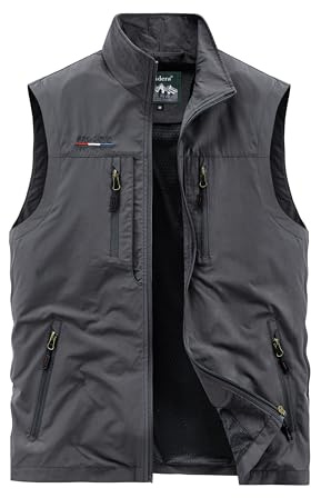 Oralidera Gilet de Pêche Léger pour Homme Veste Sans Manche d'extérieur Camping Gilet de Séchage Rapide Photographie Gilet Sans Manche Homme Multipoches, Gris, M