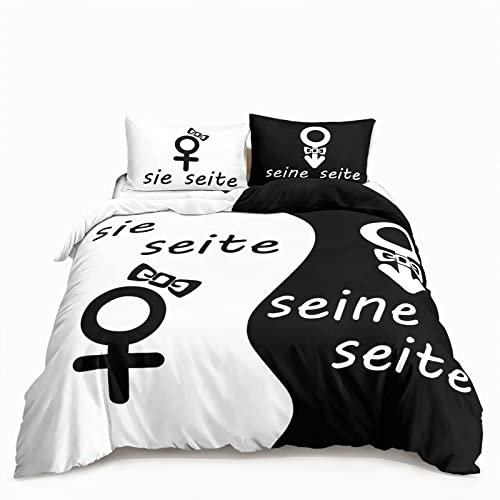 HOTRCR Bettwäsche Hundeseite Meine Seite Schwarz Weiß Romantische Bettwäsche für Paare 3teilig Bettbezug bettwäsche 135*200cm DEW17