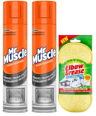 Mr Muscle Oven Cleaner Spray (2X 300 Ml)- Oven BBQ Cleaner Degreaser- for Tough Grease, Grime with Scrubbing Pad