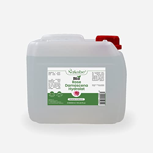 Nakobe Idrolato di rosa biologico dalle rose Damascena – 3000 ml – pura acqua di rose biologiche – 100% naturale per la cura delicata della pelle – Organic Rose Water