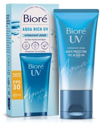 Bioré Aqua Rich UV FPS30 PA+++ – Alta protezione UV nella vita quotidiana & Umidità – Crema solare per il viso – Acido ialuronico – Texture senza grassi e invisibile – tutti i tipi di pelle e tonalità
