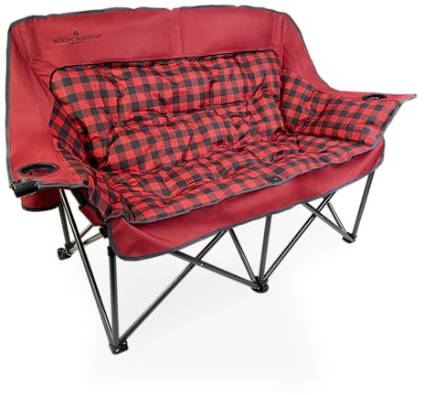 Black Sierra Double Camping Chair Loveseat, Oversized Padded, 600 lb