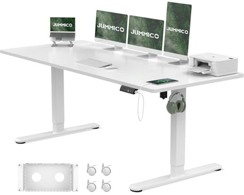 JUMMICO Electric Standing Desk 160x80cm with USB Charging, Height Adjustable Computer Desk with Cable Tray and Wheels,Ergonomic Sit Stand up Desk Rising Table Home Office Furniture, White