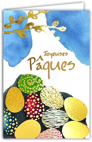 62-1023 Carte Joyeuses Pâques en Or Doré Brillant avec Enveloppe 12x17,5cm - Illustration Œufs d'Oiseaux colorés Peinture Aquarelle Fête Printemps - Création Édition Impression Fabrication Française
