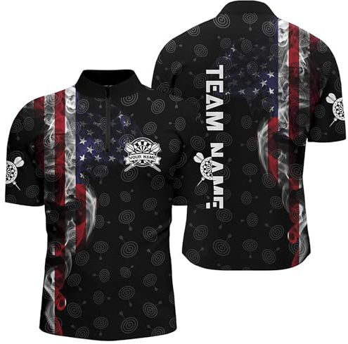 Personalized Darts Shirts for Men, Darts Jerseys for Men, Smoky American Flag Darts Quarter-Zip Shirt Custom Patriotic Mens Dart Shirts Dart Jersey, Dart Clothing, Dart Shirts Funny, Dart Apparel\