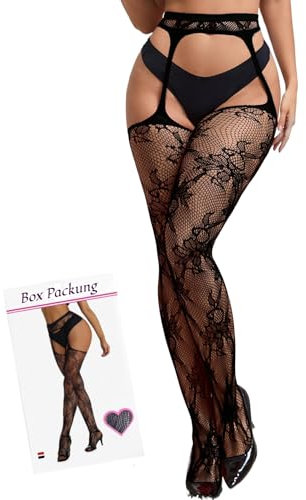 ohyeahlady Strumpfhosen Ouvert für Damen xxl Sexy mit Muster Strapsstrümpfe Offener Schritt Große Größen Spitze Strümpfe Strapse Dessous Übergroße Elastisch Strapsstrumpfhose Socken Schwarz,L-XXL