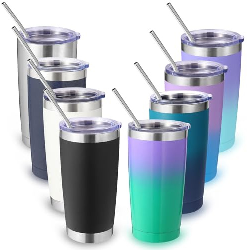 Volhoply 550 ml reseisolerat glas med lock och sugrör storpack 8-pack, dubbelvägg rostfritt stål kaffemugg passar kopphållare, pulverlackerad kopp för varma och kalla drycker, BPA-fri (blandade, 8 set