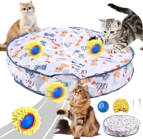 MEISHANG 2 In 1 Simuliertes Interaktives Jagdkatzenspielzeug,Jagd Katze Matte Spielzeug,Interaktives Katzenball,Power Ball 2.0 Katze mit Matte,Jagd Katzenspielzeug für Stimuliert Den Jagdinstinkt