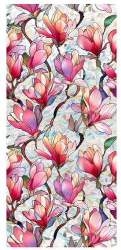 Fönsterskyddsfilm, motiv: regnbågsrosa magnolia-blommor, solskydd, dekorativ, PVC, målat glas fönsterklistermärken, icke-lim, statiskt självhäftande klistermärke för hem, kontor, 43,02 x
