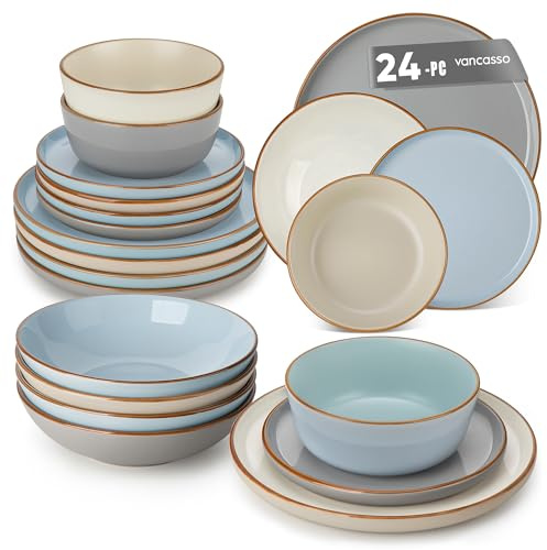 Geschirrset 6 Personen, vancasso RENO 24-tlg Steingut Teller Set Mix, Tafelservice mit je 6 Speiseteller, Dessertteller, Suppenteller, Müslischalen, Spülmaschinenfest & Mikrowellengeeignet, Mehrfarbig
