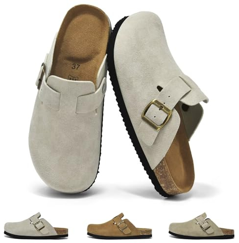 Wizshoe Zuecos y Mules para Mujer Pantuflas con Plantilla de Corcho Zapatillas de Jardín Cómodas Sandalias con Hebilla Ajustables Mules Cerradas Zapatillas Casa Antideslizante Gris 40EU