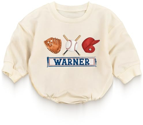 Personal Baseball Glove Bat Helmet Sport Baby Sweatshirt Romper, Personalized Name, Oversized Bubble Bodysuit for Toddler Boy, Season Outfit, Long Sleeve Cotton Pullover, Fall Winter Clothes