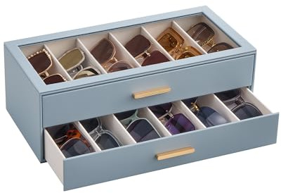 Lolalet Förvaringslåda för solglasögon, Glasögonorganisatör med genomskinligt lock, displayhållare och fodral för flera par, Hazeblue, 12-Slot