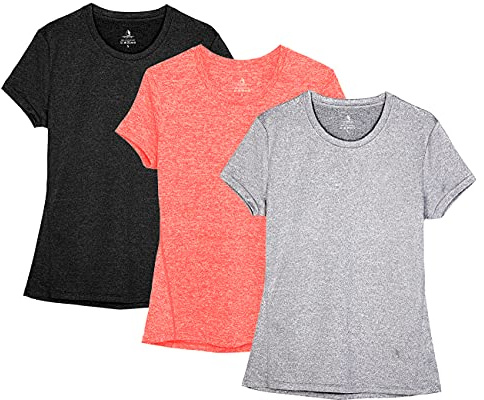 icyzone Dam Gym T-shirt Kortärmad Sport T-shirt Rund Hals Löpning Yoga-T-shirt, 3-pack, Svart/grå/orange, XL