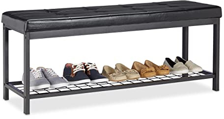 Relaxdays Banco Zapatero XXL, Metal-Piel sintética, Negro, 49 x 115 x 40 cm