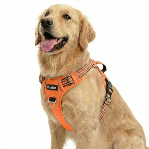 Funfox Dog Harness for Large Dogs, No Pull Pet Vest Adjustable with Vertical Handle & Front Clip, Anti Pull Padded Harness Reflective Night Walking Size for Medium Large Breed, Orange L
