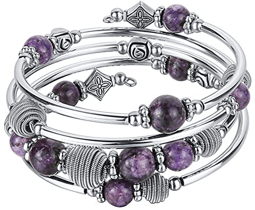 BULINLIN Turquoise Beaded Chakra Bangle Bracelet, Silver Layered Jewellery Wrap Bracelet with Natural Stone Birthday Gift for Women(Purple)