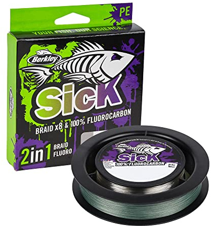 Berkley Sick Flaid and Fluorocarbon Leader Pack – Kombination av supersläta 8 strängar flätad fiskelina och snabbt sjunkande, osynlig fluoro-kolledartråd. Sötvatten och saltvatten, mossgrön och klar