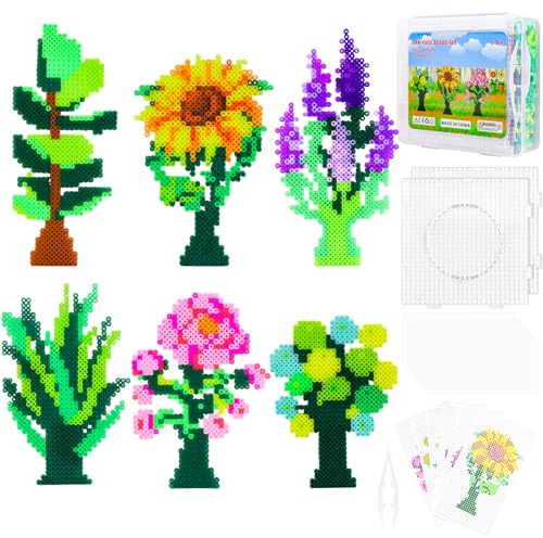 Zoyomax Perles à Repasser Set, 4000 Perles de 5mm, 6 motifs floraux de plantes et papier à repasser, Plaque Perle Papier à Repasser, Décoration DIY de Bijoux, Cadeau Anniversaire pour Garçon Filles