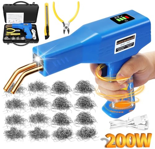 200W Soudure Plastique, Soudage plastique Machine avec 1050PCS Agrafes Chaud, Kit Reparation Souder Plastique pour Réparer Auto Pare-Chocs, Rechargeable Soudage Plastique avec Batterie 5000mA