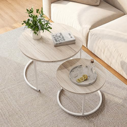 HOJINLINERO Runder Couchtisch 2er-Set, robust, stapelbar, modern, Eiche, Metallrahmen/Holz-Sofatisch, Wohnzimmer, Schlafzimmer, Büro