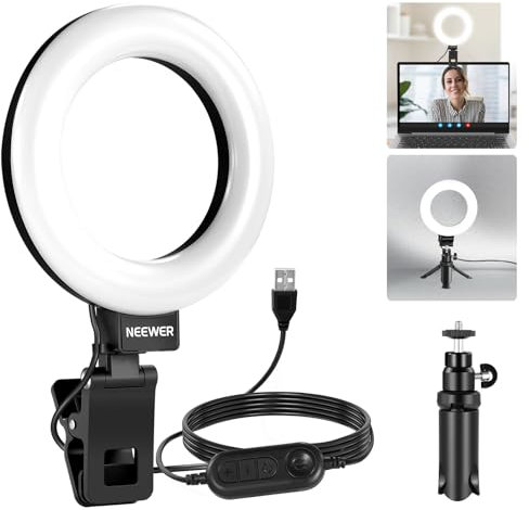 NEEWER 5 Aro de Luz con Clip y Trípode, 10W 3000k-6000K Luz Clip Regulable para Portátil Monitor Videoconferencia, Selfie, Vlog, Maquillaje, Transmisión en Vivo, Grabación de Video, BR60 Basico