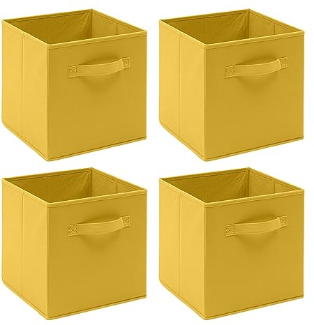 Homullel Foldable Storage Cubes Set of 4, Fabric Storage Boxes Set, Closet Storage Drawers Storage Organizer for Clothes (Band, Yellow)