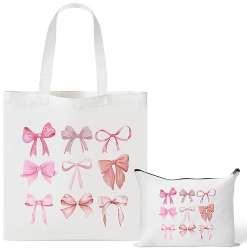 Y1tvei Cosmetic Tote Bag Set, 2PCS Coquette Bow Reusable Grocery Folding Bag, Canvas Coquette Stuff Zipper Pouch for Women Birthday Gift, Pink