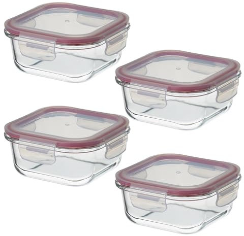LOLAhome Set de 4 fiambreras de cristal con tapa hermética de 530 ml. Juego de 4 recipientes herméticos de vidrio de borosilicato transparente apto para microondas, horno hasta 400ºC y congelador.