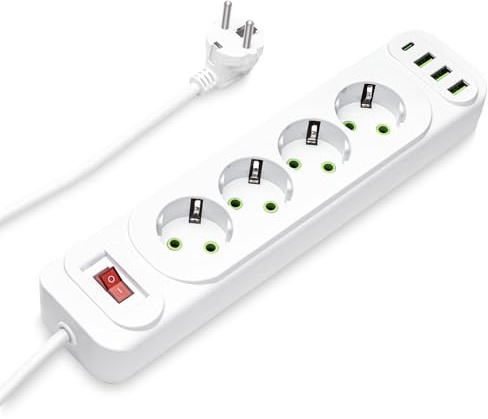 4-Fach Steckdosenleiste mit USB-C, Mehrfachsteckdose Überspannungsschutz mit Schaltbar, Verteilersteckdose Wandmontage Multisteckdose mit 2M Verlängerungskabel, Weiß