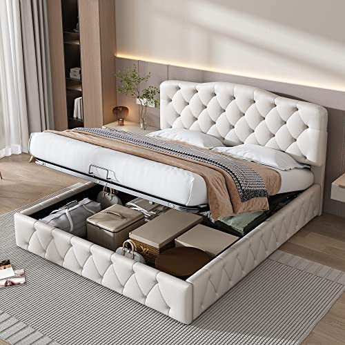 Laxnb Cama Tapizada 140x200 con Cabecero Regulable y Almacenaje Hidráulico, Estructura Doble con Lamas de Madera, Sin Colchón, PU Blanco