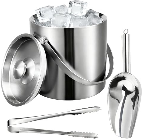 1.6L Double Walled Stainless Steel Ice Bucket with Lid and Tongs, Ices Scoop, for Home Bar, Restaurant, BBQ, Clubs and Picnics, Ice Buckets for Parties