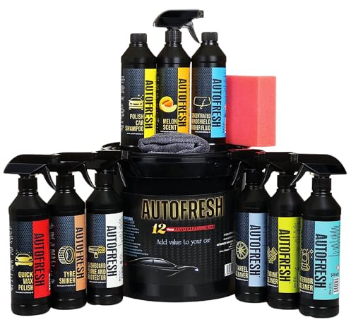 AutoFresh Autopflegeset 12-teilig - Auto Reinigungsset für Innen & Außen - Inkl. Autoshampoo, Felgenreiniger, Cockpitspray, Wachs, Innenraumreiniger, Schwamm & 10L Eimer - Großes Auto Putzset