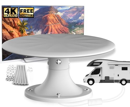 RV Aerial Roof Mounted RV TV Aerial with Signal Amplifier, Long Range Reception for Camper Motorhome Caravan, Compatible with All TVs, Supports 4K 1080P HD, Weatherproof Design, 10m Cable